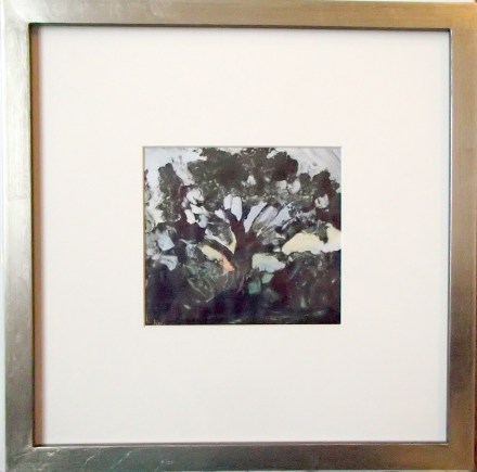 Cottonwood Dark 12" square, framed. Artwork 5" x 5.25". Monotype with hand painting.