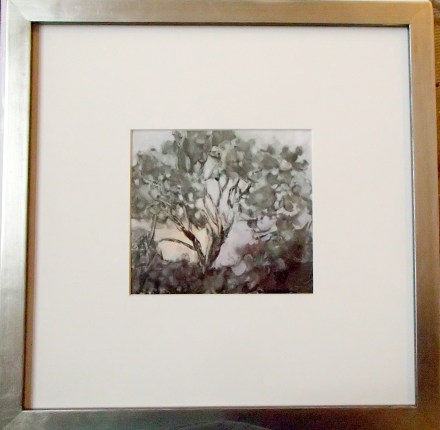 Cottonwood Fog 12" square, framed. Artwork 5" x 5.25". Monotype with hand painting.