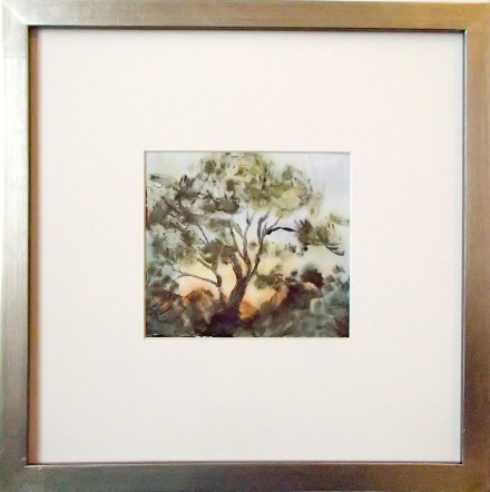 Cottonwood Sunsrise 12" square, framed. Artwork 5" x 5.25". Monotype with hand painting.
